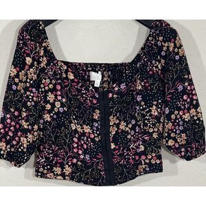 Lost + Wander Black Floral Smocked Crop Top Hook Eye Closure SIZE M Short Sleeve
